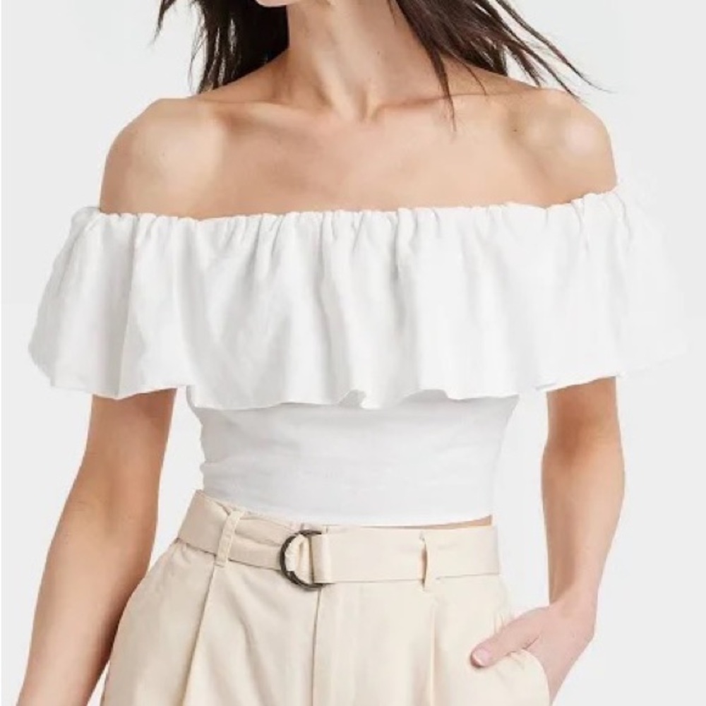 Linen Ruffle Off Shoulder Crop Top